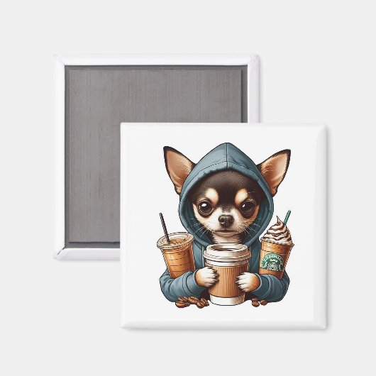 Chihuahua in Hooded Sweatshirt Holding Coffee Magnet (Vorderseite/Rückseite)