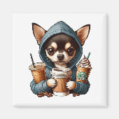 Chihuahua in Hooded Sweatshirt Holding Coffee Magnet (Vorne)