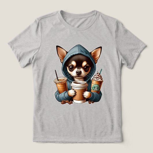 Chihuahua in Hooded Sweatshirt Holding Coffee Tri-Blend Shirt (Design Vorderseite)