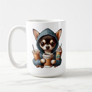 Chihuahua in Kapuzenpullover hält Kaffee Kaffeetasse