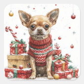Chihuahua in Sweater mit Geschenkboxen Quadratischer Aufkleber (Vorderseite)