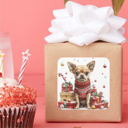 Chihuahua in Sweater mit Geschenkboxen Quadratischer Aufkleber (Party)