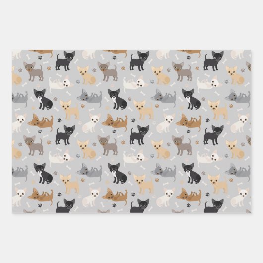 Chihuahua Knochen und Paws Grau Blau Lila Geschenkpapier Set (Vorderseite)