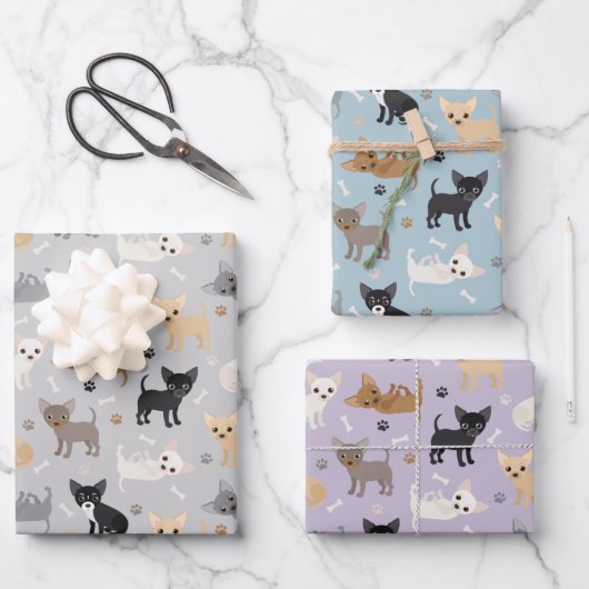 Chihuahua Knochen und Paws Grau Blau Lila Geschenkpapier Set (Vorderseite)