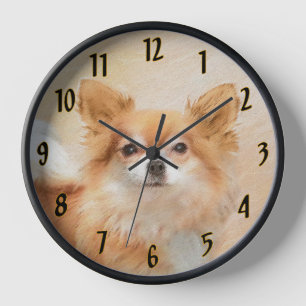 Chihuahua Langhaar-Hund Gemälde Original Kunst Uhr