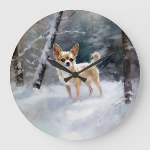 Chihuahua lässt es Weihnachten schnee Große Wanduhr