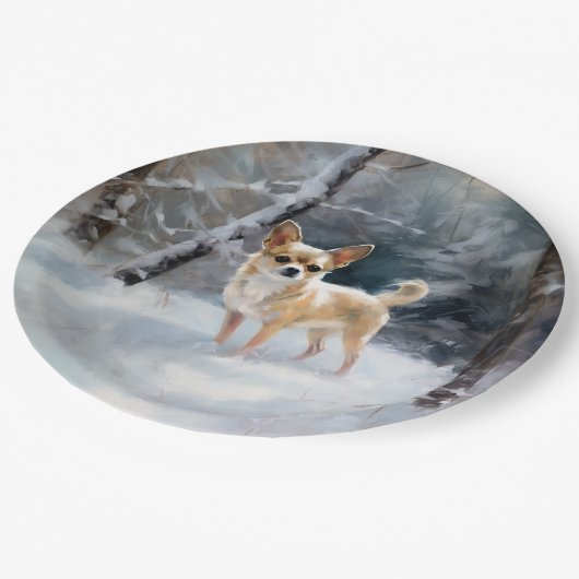 Chihuahua lässt es Weihnachten schnee Pappteller (Schrägansicht)