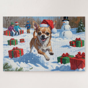 Chihuahua läuft im Schnee mit Weihnachtsmütze Puzzle