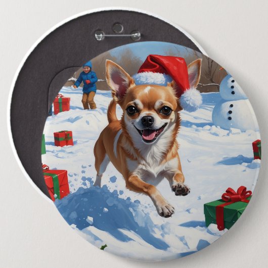 Chihuahua läuft in Schnee mit Weihnachtshut Button (Vorne & Hinten)