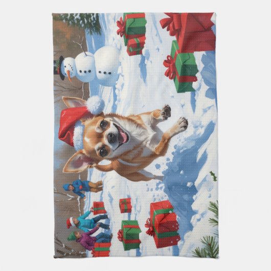 Chihuahua läuft in Schnee mit Weihnachtshut Geschirrtuch (Vertikal)