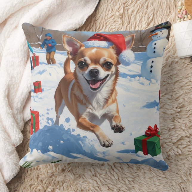 Chihuahua läuft in Schnee mit Weihnachtshut Kissen (Decke)