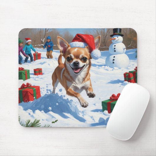 Chihuahua läuft in Schnee mit Weihnachtshut Mousepad (Mit Mouse)
