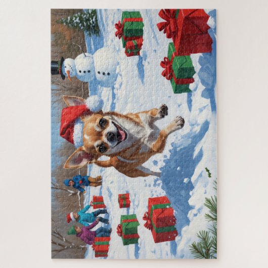 Chihuahua läuft in Schnee mit Weihnachtshut Puzzle (Vertikal)