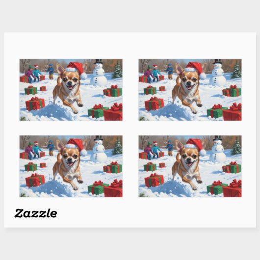 Chihuahua läuft in Schnee mit Weihnachtshut Rechteckiger Aufkleber (Blatt)