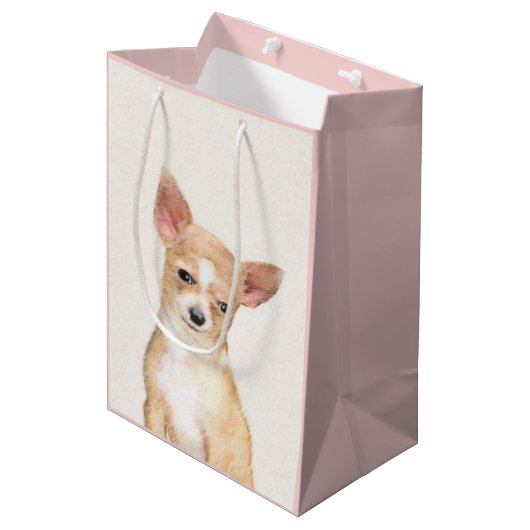 Chihuahua-Malerei - Niedliche Original-Hundkunst Mittlere Geschenktüte (Vorderseite Schrägansicht)