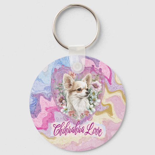 Chihuahua mit Blume pink Schlüsselanhänger (Vorderseite)