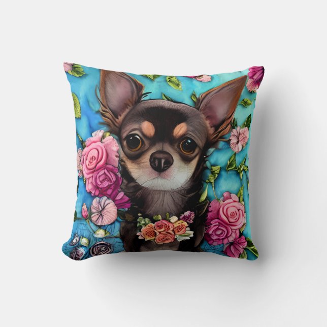 Chihuahua mit Blume Square Kissen (Vorderseite)