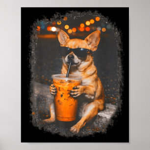 Chihuahua mit Brille, der Eiskaffee trinkt Hund Poster