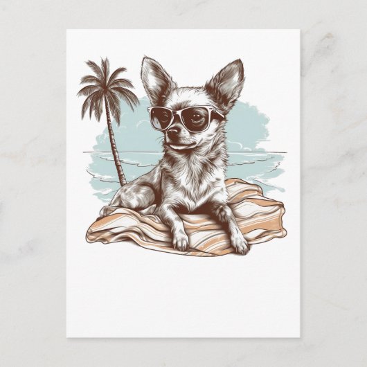 Chihuahua mit Sonnenbrille am Strand Postkarte (Vorderseite)