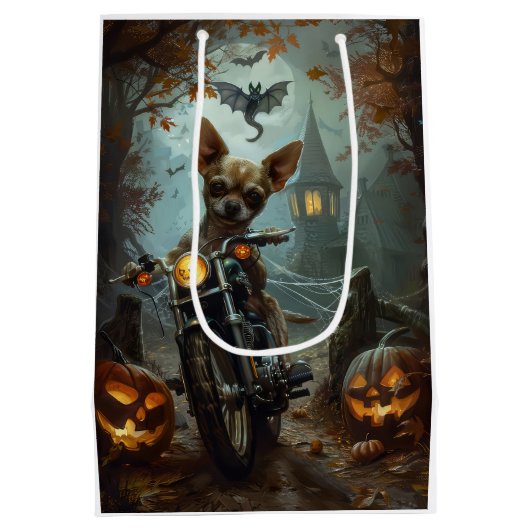 Chihuahua-Motorrad Halloween Beängstigend Mittlere Geschenktüte (Rückseite)