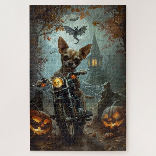 Chihuahua-Motorrad Halloween Beängstigend Puzzle (Vertikal)