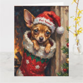 Chihuahua Nestled in Christmas Stocking Hat Karte (Gelbe Blume)