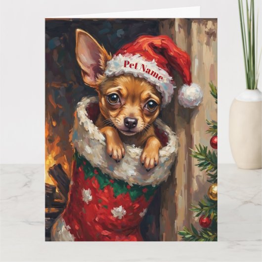 Chihuahua Nestled in Christmas Stocking Hat Karte (Vorderseite)