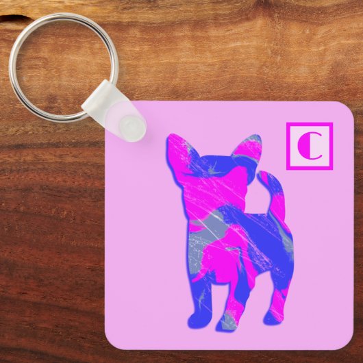 Chihuahua Niedlicher Hund Pink & Blue Silhouette M Schlüsselanhänger (Vorderseite)