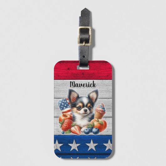 Chihuahua Patriotic Fruit USA Long Hair Chihuahua Gepäckanhänger (Vorderseite Vertikal)