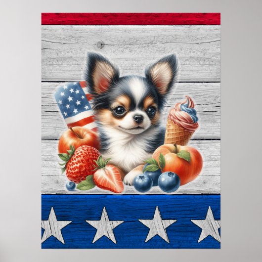 Chihuahua Patriotic Fruit USA Long Hair Chihuahua Poster (Vorne)
