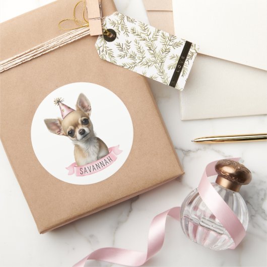 Chihuahua Pink Whimsical Niedlich Illustration Runder Aufkleber (Schenken)