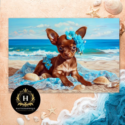 Chihuahua Puppy Blue Floral Beach Decoupage Seidenpapier