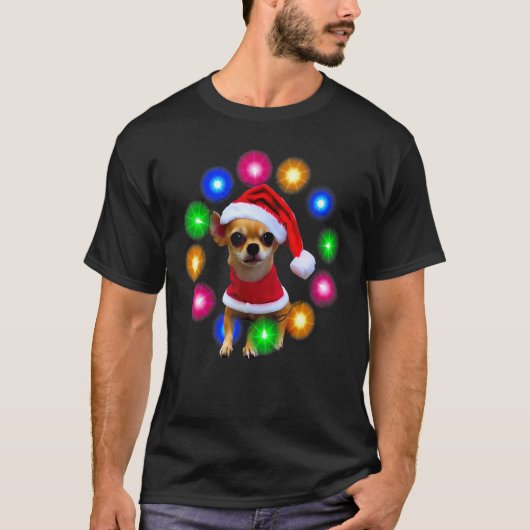 Chihuahua Puppy Christmas Lights Santa Hat T-Shirt (Vorderseite)