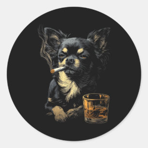 Chihuahua raucht Zigarette Whisky Liebhaber Lustig Runder Aufkleber