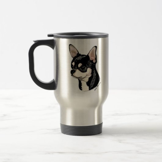 Chihuahua-Schwarzes u. TAN-Reise-Tasse Reisebecher (Links)