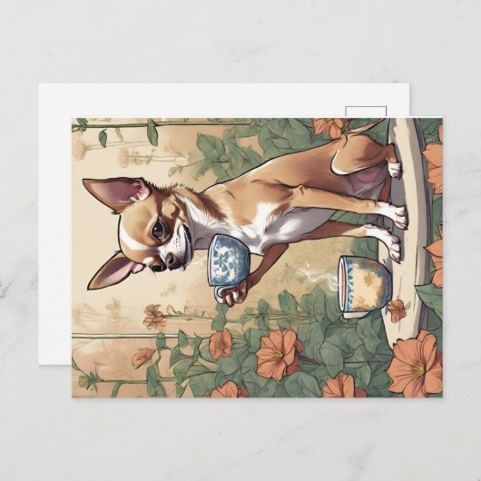 Chihuahua Sipping Tea im Garten Postkarte (Vorne/Hinten)