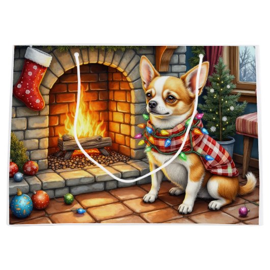 Chihuahua Sitting Fireplace with Christmas Lights Große Geschenktüte (Vorderseite)