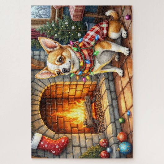 Chihuahua Sitting Fireplace with Christmas Lights Puzzle (Vertikal)