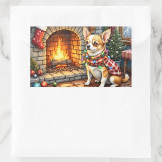 Chihuahua Sitting Fireplace with Christmas Lights Rechteckiger Aufkleber (Tasche)