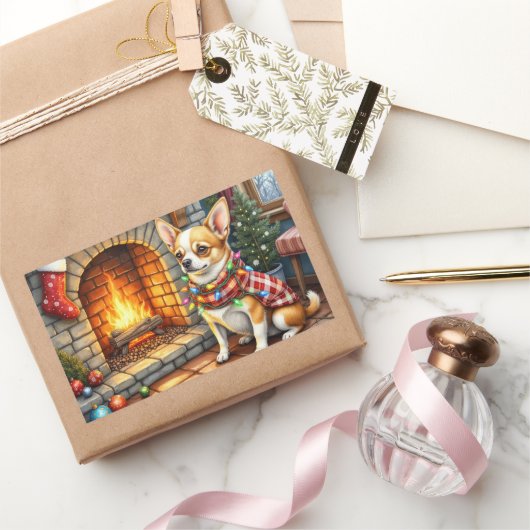 Chihuahua Sitting Fireplace with Christmas Lights Rechteckiger Aufkleber (Schenken)
