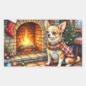 Chihuahua Sitting Fireplace with Christmas Lights Rechteckiger Aufkleber (Vorderseite)