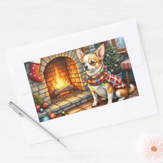 Chihuahua Sitting Fireplace with Christmas Lights Rechteckiger Aufkleber (Umschlag)