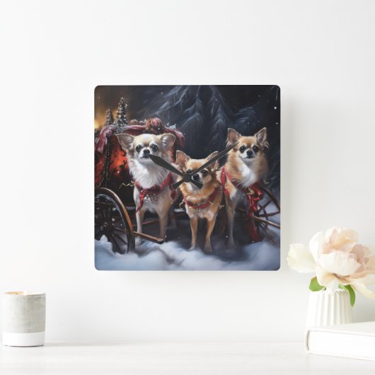 Chihuahua Snowy Sleigh Weihnachtsdekor Quadratische Wanduhr (Zuhause)