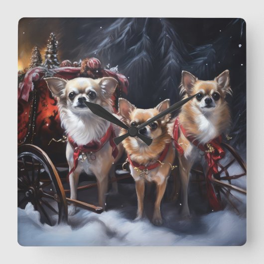 Chihuahua Snowy Sleigh Weihnachtsdekor Quadratische Wanduhr (Vorderseite)