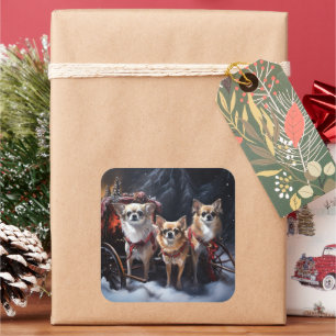 Chihuahua Snowy Sleigh Weihnachtsdekor Quadratischer Aufkleber