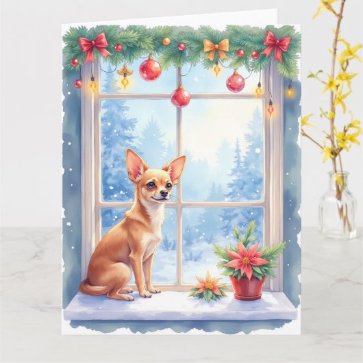Chihuahua Snowy Windowsill Holiday Christmas Art Karte (Gelbe Blume)