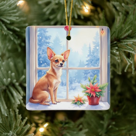 Chihuahua Snowy Windowsill Holiday Christmas Art Keramikornament (Baum)