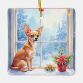 Chihuahua Snowy Windowsill Holiday Christmas Art Keramikornament (Vorderseite)