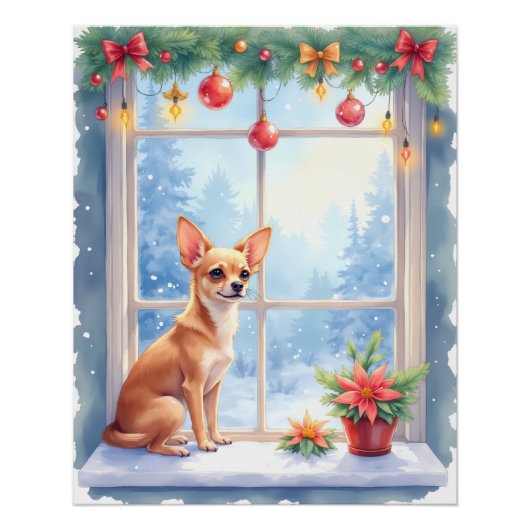 Chihuahua Snowy Windowsill Holiday Christmas Art Poster (Vorderseite)