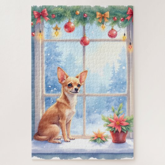 Chihuahua Snowy Windowsill Holiday Christmas Art Puzzle (Vertikal)